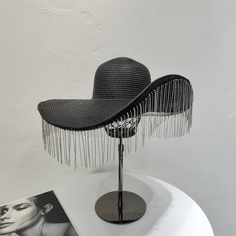 Women Fashion Photoshoot - Strass-Quasten-Strohhut mit Übergroßem Rand für Damen,