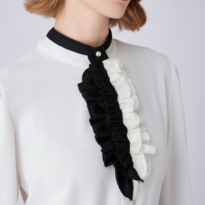 Women Fashion Necktie - Schwarz-weißer, gerüschter Kragen, dekorative Halsbekleidung, abnehmbarer,