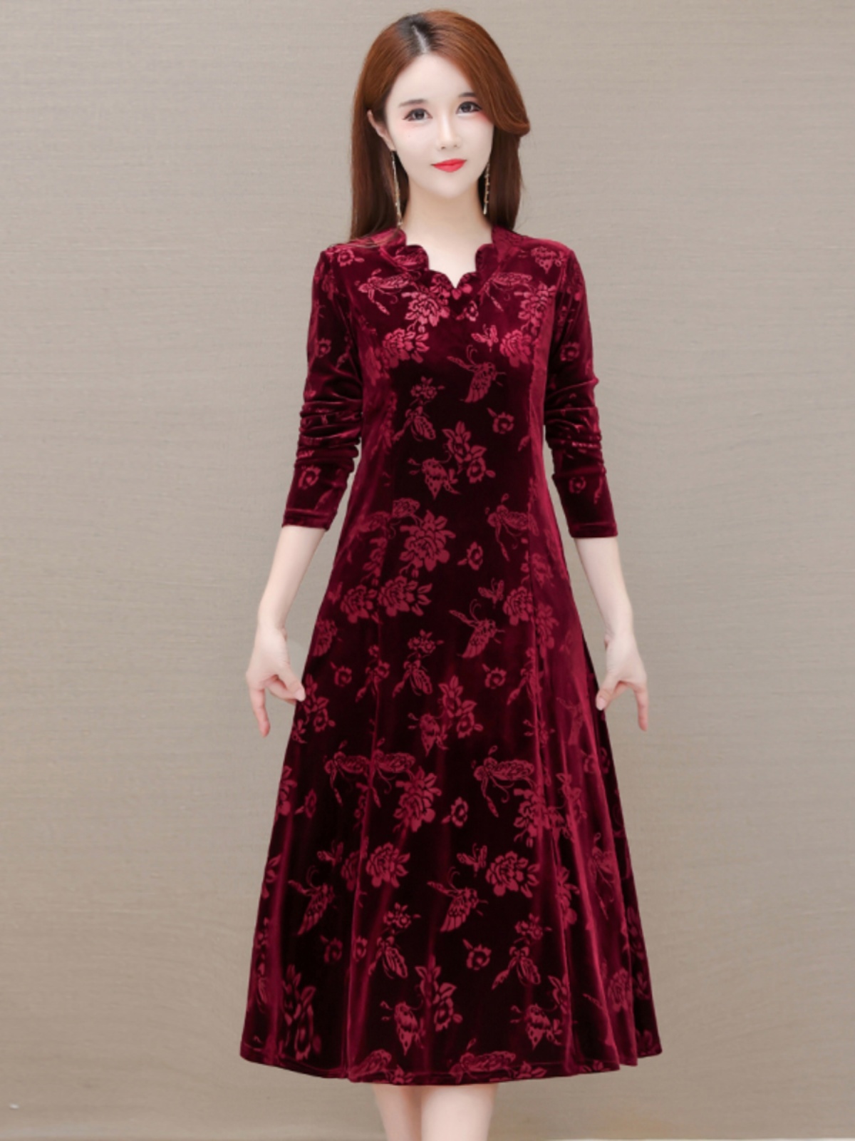 Women Fashion Over The Years - Elegantes Samtkleid mit V-Ausschnitt, Midi-Rock, schlankmachend,