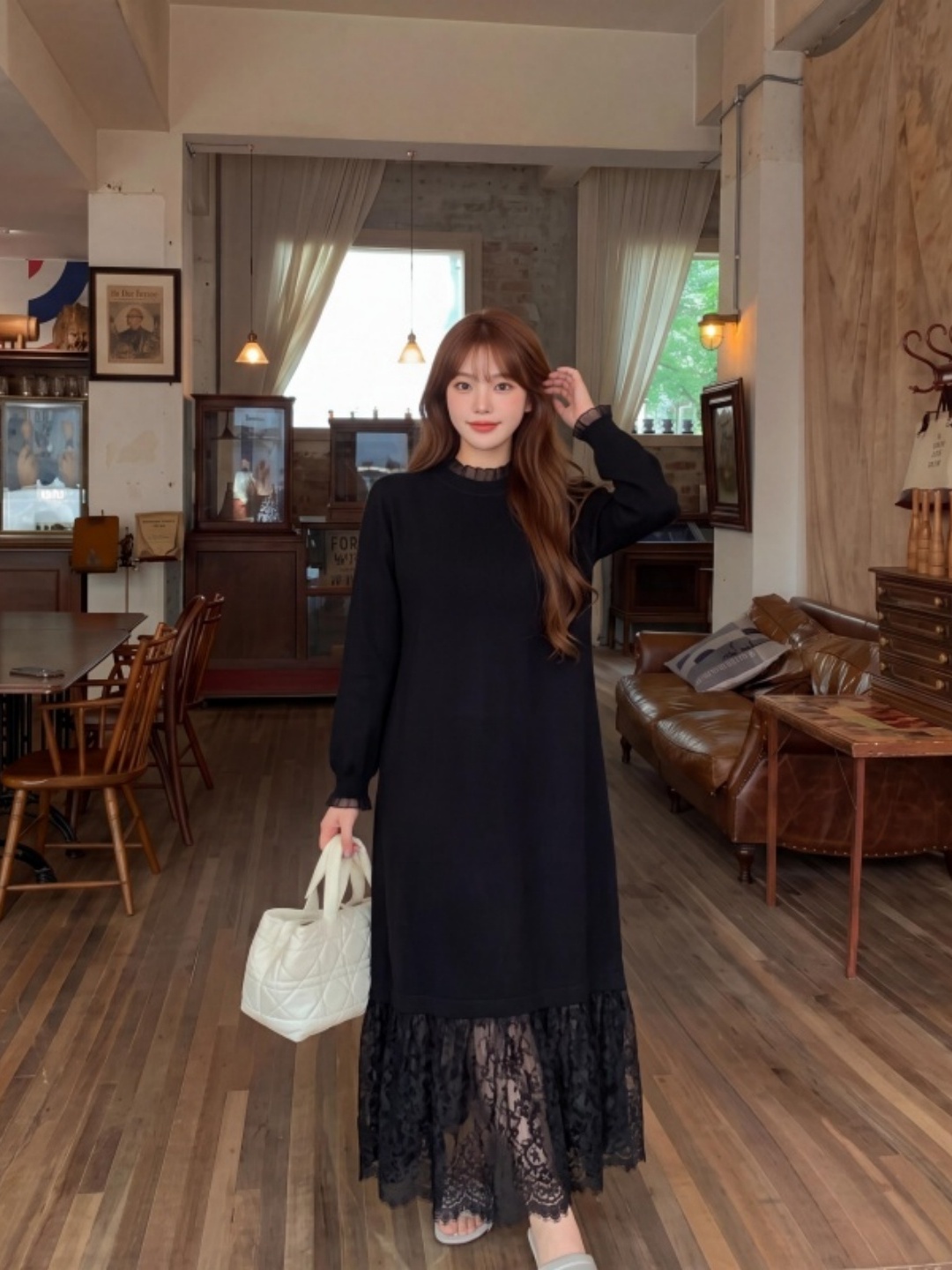 Women Fashion Over The Years - Plus-Size-Strickkleid mit Spitzenbesatz, lässiger A-Linien-Rock mit