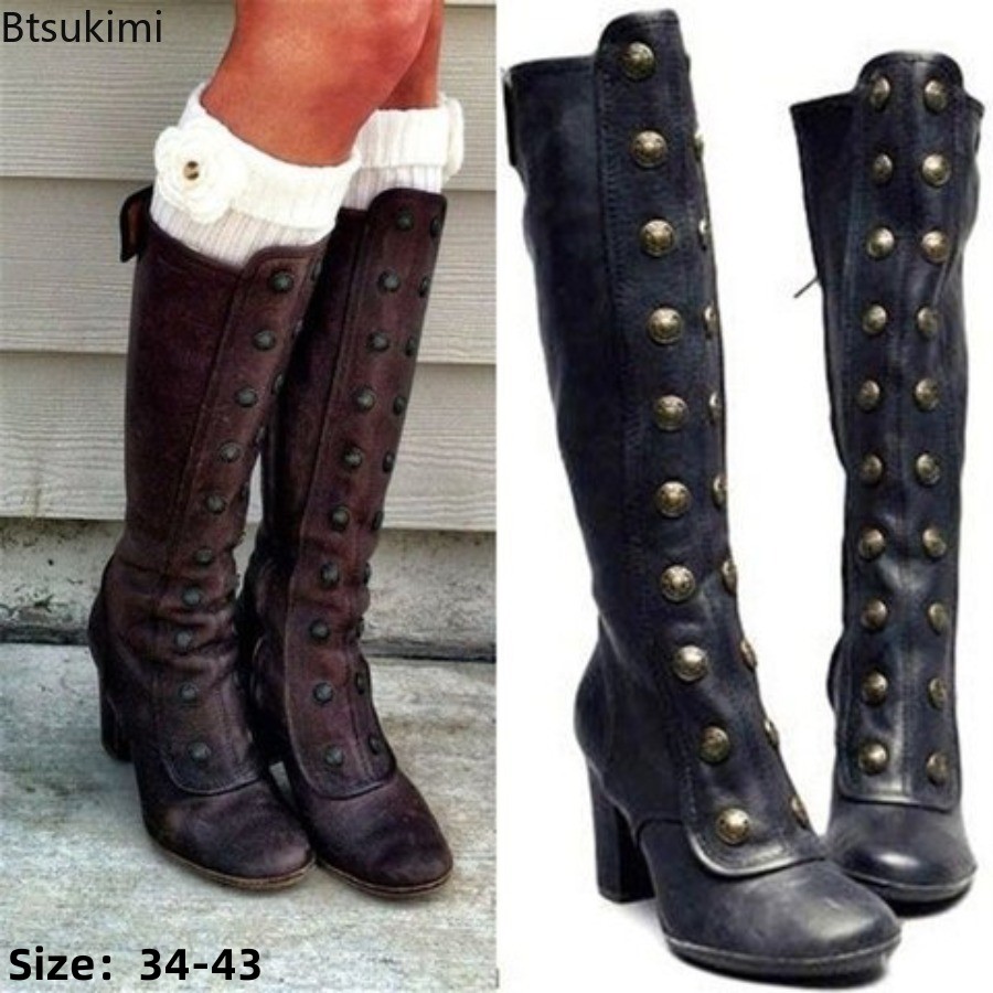 Retro Schwarze Modische Nieten – Women'S Fashion Knee High Boots Bewertung und Preis